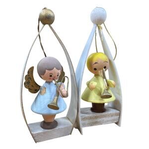 Kurt Adler Ornament Wooden Hand Painted Little Girl & Angel Horn JAPAN